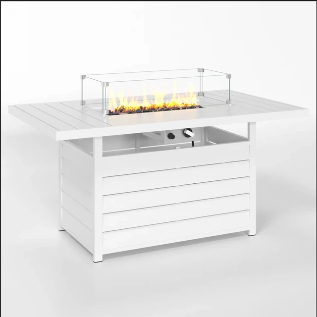 Alt view image 3 of 7 - 54.3 Inches Outdoor Patio White Aluminum Fire Pit Table, 50000 BTU CSA Certified Propane Gas Fire Pit, Rectangular Fire Table w/Stainless Burner, Lava Rock, Waterproof Cover