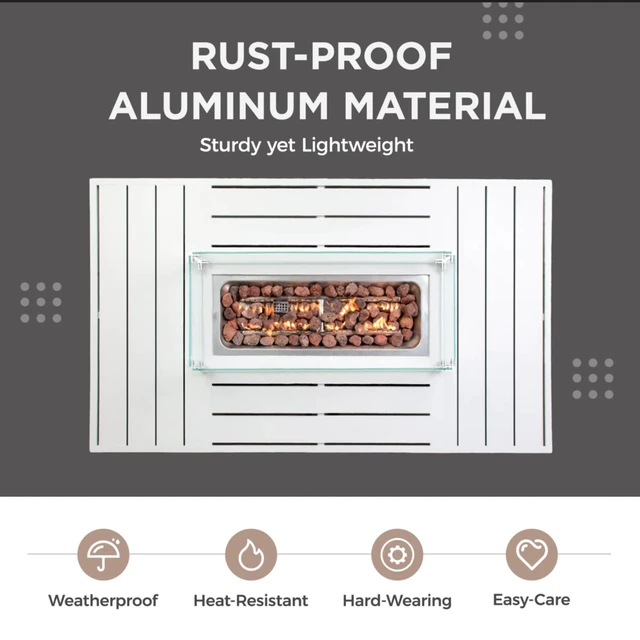 Alt view image 5 of 7 - 54.3 Inches Outdoor Patio White Aluminum Fire Pit Table, 50000 BTU CSA Certified Propane Gas Fire Pit, Rectangular Fire Table w/Stainless Burner, Lava Rock, Waterproof Cover