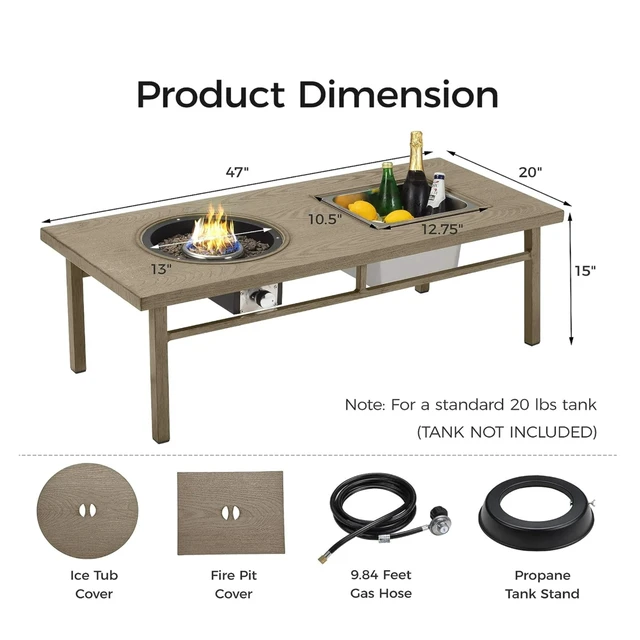 Alt view image 2 of 7 - 47" 3-in-1 Outdoor Aluminum Beige Propane Fire Pit Table 50,000 BTU with Ice Bucket,