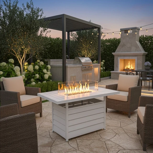 Alt view image 7 of 7 - 54.3 Inches Outdoor Patio White Aluminum Fire Pit Table, 50000 BTU CSA Certified Propane Gas Fire Pit, Rectangular Fire Table w/Stainless Burner, Lava Rock, Waterproof Cover