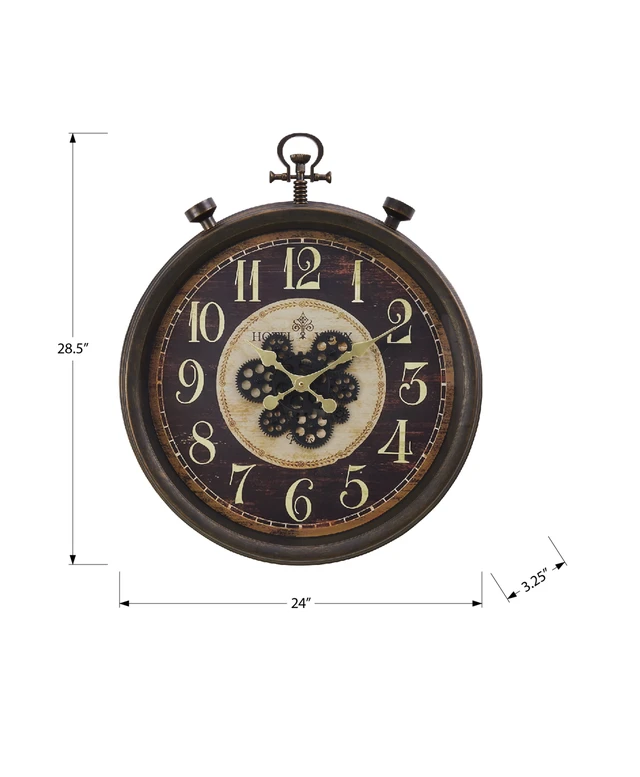 Alt view image 4 of 4 - Clocks, 24" Round, Gear Mechanism, Wall Clock, Brown, Traditional