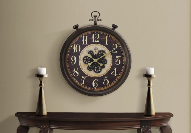 Main image of Clocks, 24" Round, Gear Mechanism, Wall Clock, Brown, Traditional