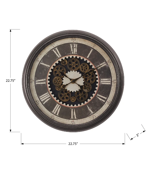 Alt view image 4 of 4 - Clocks, 23" Round, Gear Mechanism, Wall Clock, Brown, Transitional