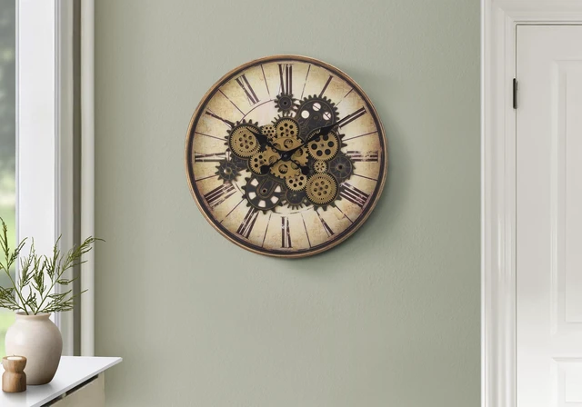 Main image of Clocks, 20" Round, Gear Mechanism, Wall Clock, Brown, Transitional