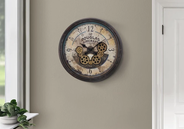 Main image of Clocks, 20" Round, Gear Mechanism, Wall Clock, Brown, Transitional