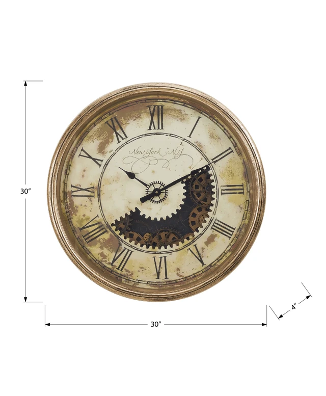 Alt view image 4 of 5 - Clocks, 30" Round, Gear Mechanism, Large Oversized, Wall Clock, Antique Gold, Transitional