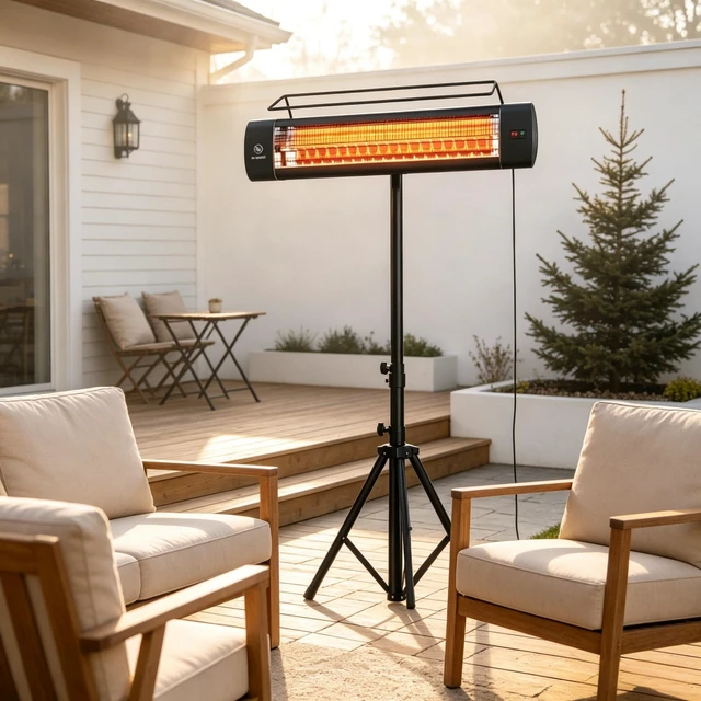 Alt view image 2 of 7 - Standing Electric Patio Heater 1500W, IP65 Outdoor Infrared Heater with Tripod Stand, 3 Heat Levels 24 Hour Timer for Garden Patio Use