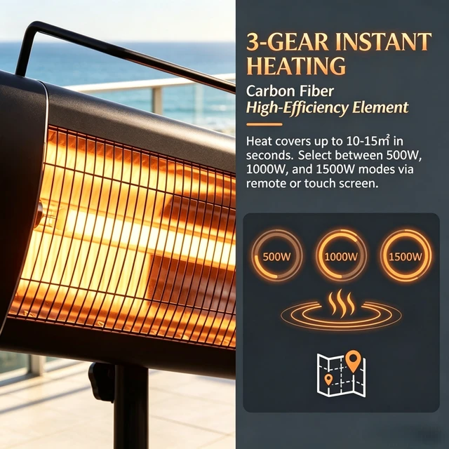 Alt view image 4 of 7 - Standing Electric Patio Heater 1500W, IP65 Outdoor Infrared Heater with Tripod Stand, 3 Heat Levels 24 Hour Timer for Garden Patio Use
