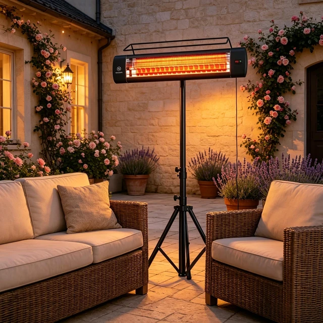 Alt view image 5 of 7 - Standing Electric Patio Heater 1500W, IP65 Outdoor Infrared Heater with Tripod Stand, 3 Heat Levels 24 Hour Timer for Garden Patio Use