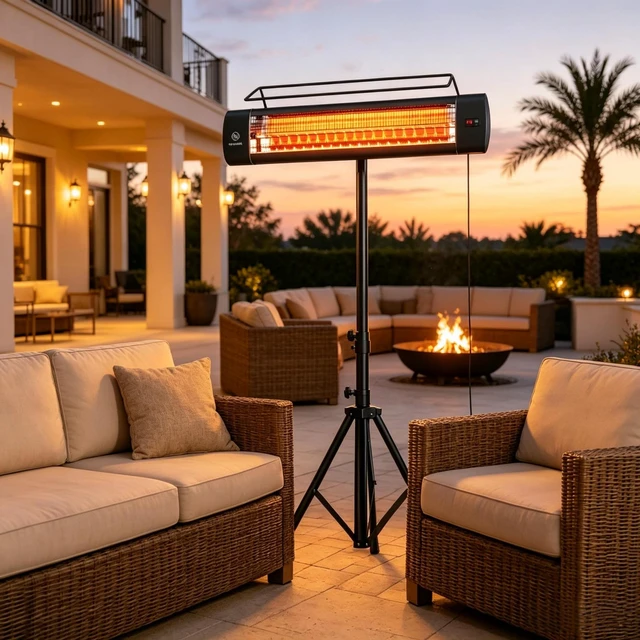 Main image of Standing Electric Patio Heater 1500W, IP65 Outdoor Infrared Heater with Tripod Stand, 3 Heat Levels 24 Hour Timer for Garden Patio Use