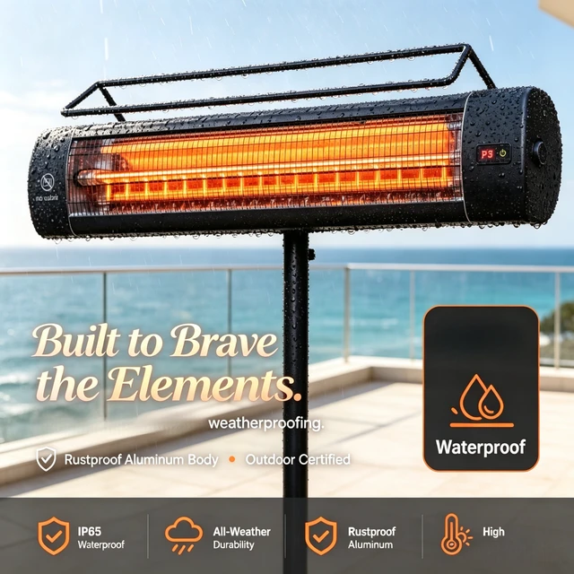 Alt view image 3 of 7 - Standing Electric Patio Heater 1500W, IP65 Outdoor Infrared Heater with Tripod Stand, 3 Heat Levels 24 Hour Timer for Garden Patio Use