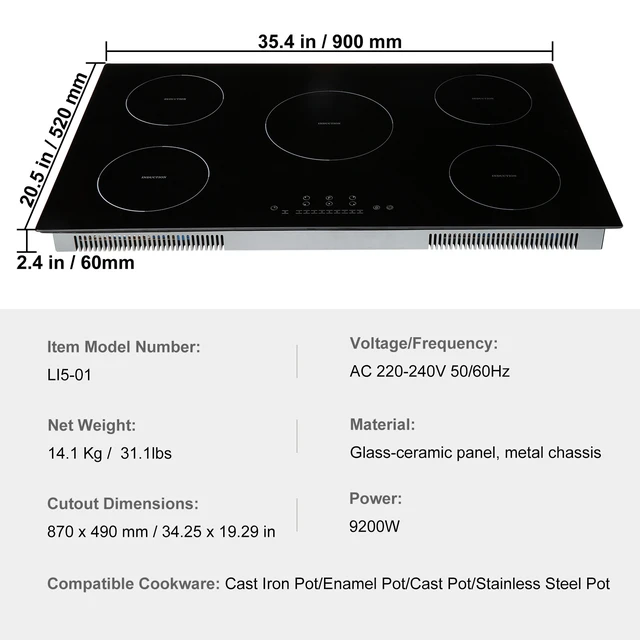 Alt view image 4 of 7 - Electric Cooktop, 5 Burners, 36'' Induction Stove Top, Built-in Magnetic Cooktop 9200W, 9 Heating Level Multifunctional Burner, LED Touch Screen w/ Child Lock & Over-Temperature Protection