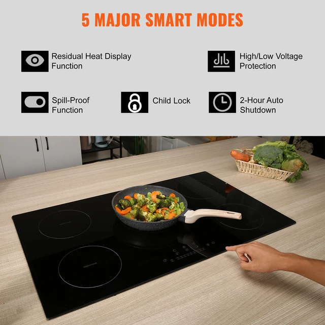 Alt view image 2 of 7 - Electric Cooktop, 5 Burners, 36'' Induction Stove Top, Built-in Magnetic Cooktop 9200W, 9 Heating Level Multifunctional Burner, LED Touch Screen w/ Child Lock & Over-Temperature Protection