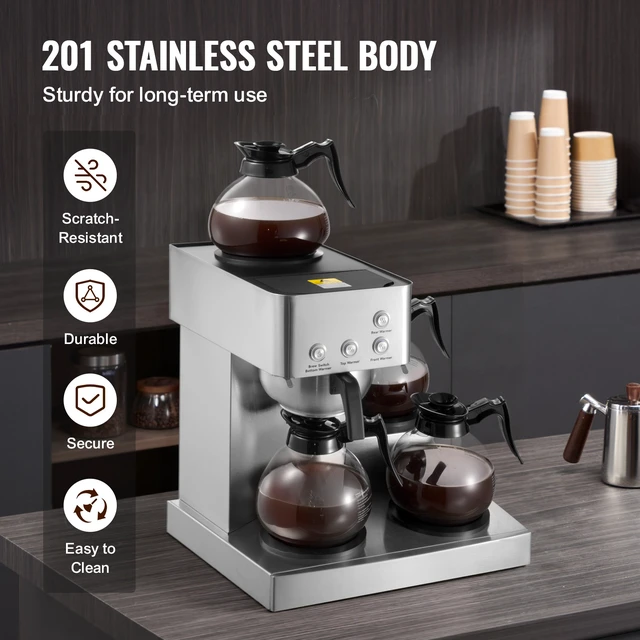 Alt view image 2 of 7 - Commercial Drip Coffee Maker, 12 Cups Coffee-Maker Machine with 4 Glass Carafes and 4 Decanter Warmer Plates, Stainless Steel Drip Style Coffee Brewer, for Restaurant, Office, Coffee Shop & Home