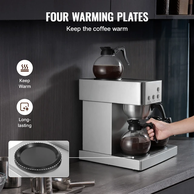 Alt view image 6 of 7 - Commercial Drip Coffee Maker, 12 Cups Coffee-Maker Machine with 4 Glass Carafes and 4 Decanter Warmer Plates, Stainless Steel Drip Style Coffee Brewer, for Restaurant, Office, Coffee Shop & Home