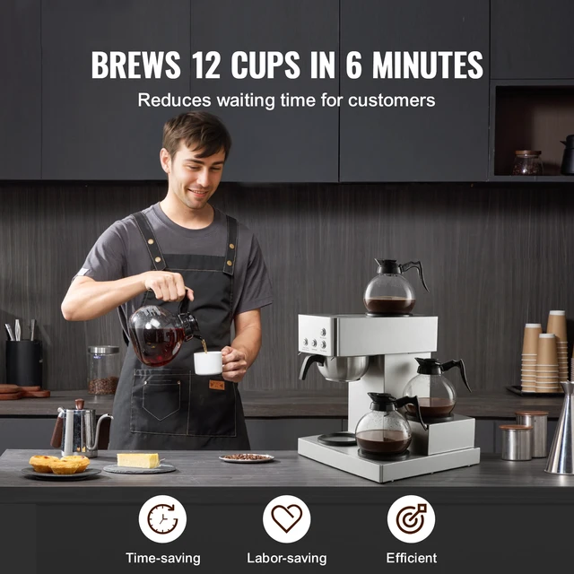 Alt view image 5 of 7 - Commercial Drip Coffee Maker, 12 Cups Coffee-Maker Machine with 4 Glass Carafes and 4 Decanter Warmer Plates, Stainless Steel Drip Style Coffee Brewer, for Restaurant, Office, Coffee Shop & Home