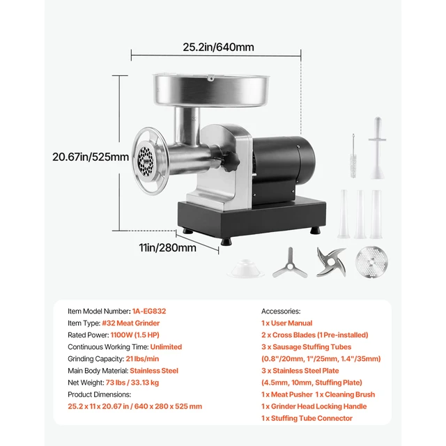 Alt view image 4 of 7 - Commercial Meat Grinder, 21 Lbs/Min Capacity, #32 Electric Meat Mincer with 3 Plates, 3 Sausage Stuff Tubes, 1100W/1.5HP Stainless Steel Sausage Maker for Home Kitchens & Restaurants, ETL Listed