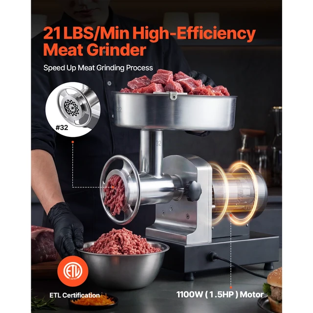 Alt view image 6 of 7 - Commercial Meat Grinder, 21 Lbs/Min Capacity, #32 Electric Meat Mincer with 3 Plates, 3 Sausage Stuff Tubes, 1100W/1.5HP Stainless Steel Sausage Maker for Home Kitchens & Restaurants, ETL Listed