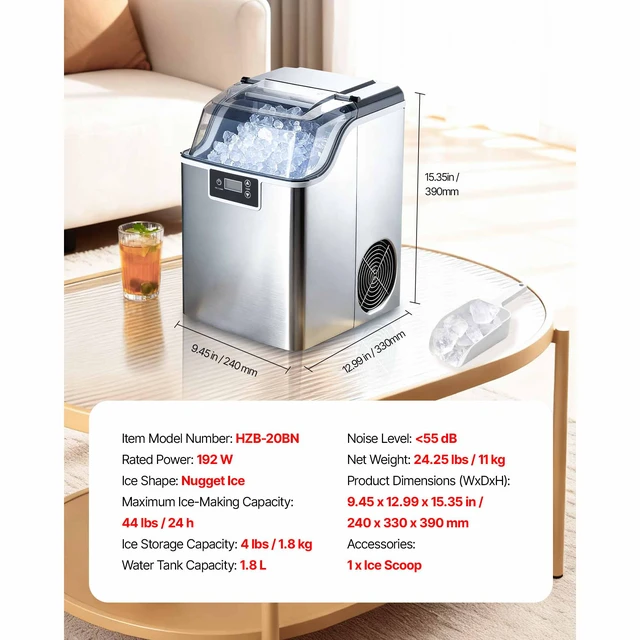 Alt view image 7 of 7 - Countertop Ice Maker, 44 lbs per Day, Self-Cleaning Portable Machine with Scoop, 4 lbs Ice-Storage Basket, Nugget Ice-Making Machine with Chewable Ices for Home, Kitchen, Office, Bar & Party