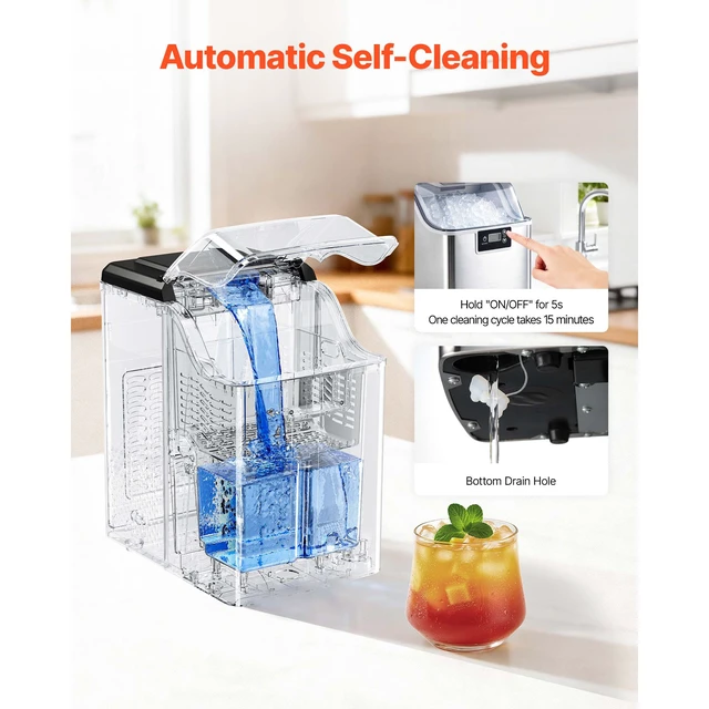Alt view image 6 of 7 - Countertop Ice Maker, 44 lbs per Day, Self-Cleaning Portable Machine with Scoop, 4 lbs Ice-Storage Basket, Nugget Ice-Making Machine with Chewable Ices for Home, Kitchen, Office, Bar & Party