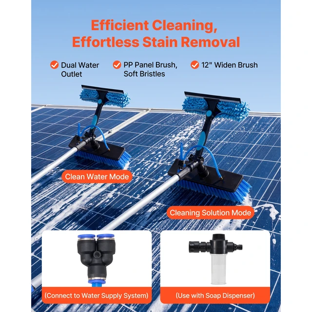 Alt view image 4 of 7 - Solar Panel Cleaning Kit, 39 ft, Water Fed Pole Kit with Cleaning Brush, Soap Dispenser, Extendable Aluminum Telescopic Pole, 180° Rotatable Brush Head, for Roof Mounted Solar Panels, Windows