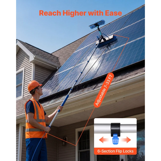 Alt view image 6 of 7 - Solar Panel Cleaning Kit, 39 ft, Water Fed Pole Kit with Cleaning Brush, Soap Dispenser, Extendable Aluminum Telescopic Pole, 180° Rotatable Brush Head, for Roof Mounted Solar Panels, Windows