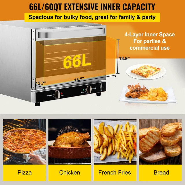 Alt view image 6 of 7 - Commercial Convection Oven, 66L/60Qt, Half-Size Conventional Oven Countertop, 1800W 4-Tier Toaster w/Front Glass Door, Electric Baking Oven with Tray & Wire Racks (120V, 5-15P Plug & Outlet)