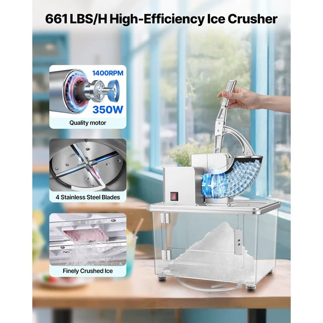 Alt view image 2 of 7 - Commercial Ice Crusher 661LBS/H, 350W Electric Snow Cone Machine with 4 Blades, 2000RPM Stainless Steel Shaved Ice Machine with 11 Gal Crushed-Ice Box, for Family Restaurants Bars, Silver