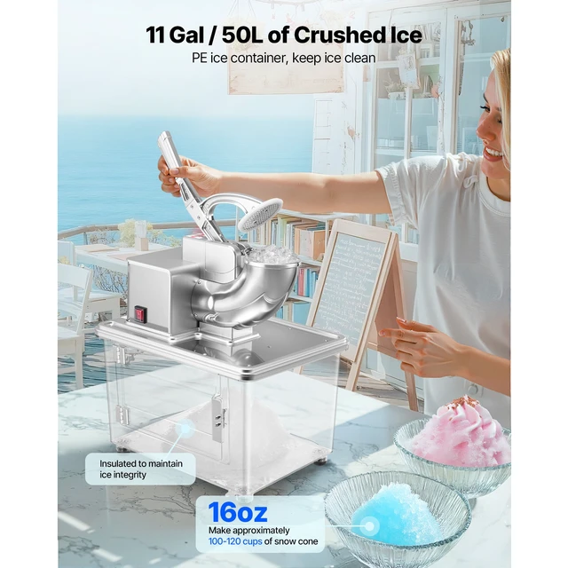 Alt view image 3 of 7 - Commercial Ice Crusher 661LBS/H, 350W Electric Snow Cone Machine with 4 Blades, 2000RPM Stainless Steel Shaved Ice Machine with 11 Gal Crushed-Ice Box, for Family Restaurants Bars, Silver