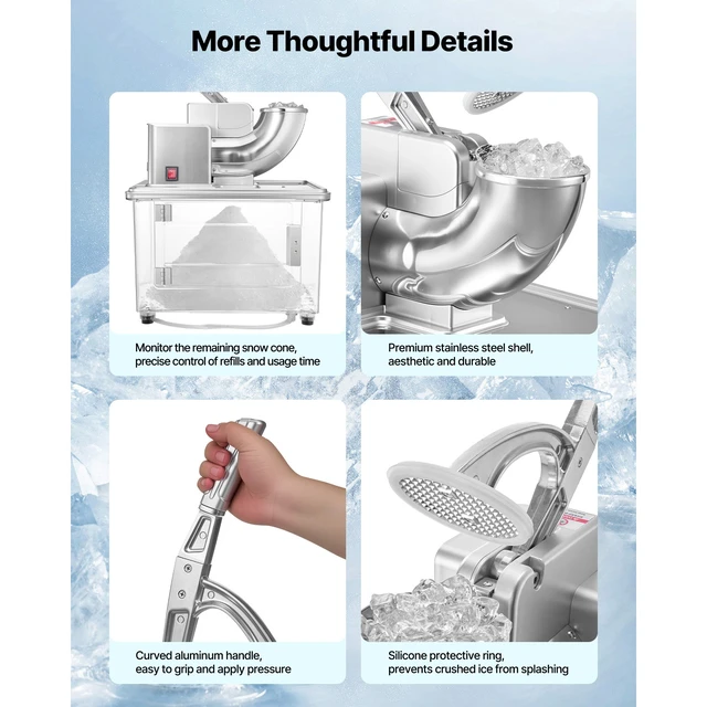 Alt view image 5 of 7 - Commercial Ice Crusher 661LBS/H, 350W Electric Snow Cone Machine with 4 Blades, 2000RPM Stainless Steel Shaved Ice Machine with 11 Gal Crushed-Ice Box, for Family Restaurants Bars, Silver