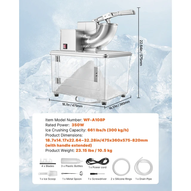 Alt view image 7 of 7 - Commercial Ice Crusher 661LBS/H, 350W Electric Snow Cone Machine with 4 Blades, 2000RPM Stainless Steel Shaved Ice Machine with 11 Gal Crushed-Ice Box, for Family Restaurants Bars, Silver