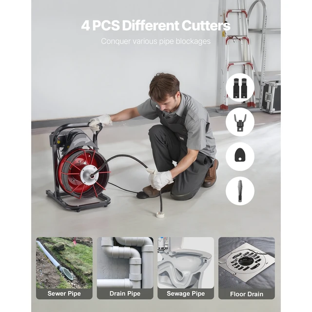 Alt view image 5 of 7 - Drain Cleaner Machine 50 FT x 1/2 Inch, Sewer Snake Auger Manual Feed with 4 Cutters & Air-activated Foot Switch for 2" to 6" Pipes