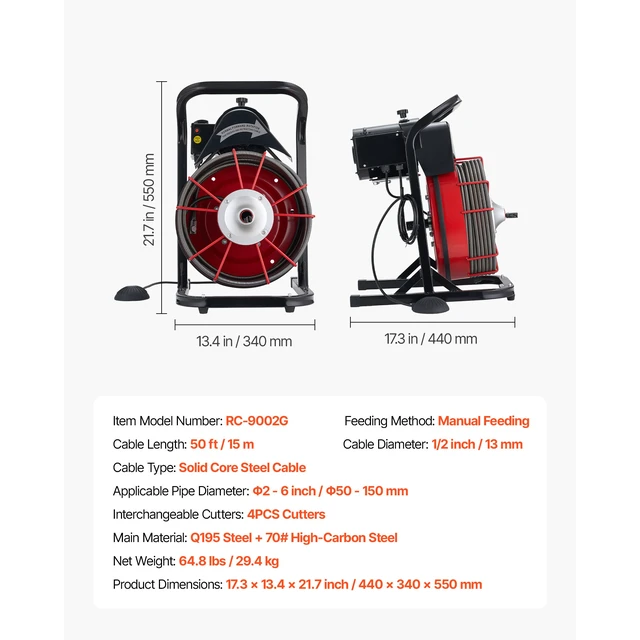 Alt view image 7 of 7 - Drain Cleaner Machine 50 FT x 1/2 Inch, Sewer Snake Auger Manual Feed with 4 Cutters & Air-activated Foot Switch for 2" to 6" Pipes
