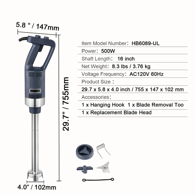 Alt view image 7 of 7 - Commercial Immersion Blender, 500W Heavy Duty Hand Mixer, 16 inch Stepless Variable Speed Mixer with Stainless Steel Blade, Multi-Purpose Portable Mixer for Soup, Sauces, Mashed Potatoes, Cream
