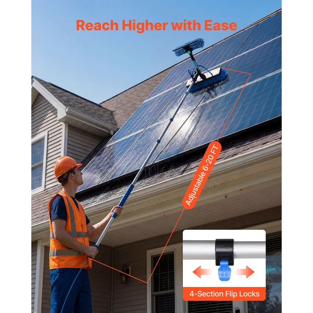 Alt view image 7 of 7 - Solar Panel Cleaning Kit, 20 ft, Water Fed Pole Kit with Cleaning Brush, Soap Dispenser, Extendable Aluminum Telescopic Pole, 180° Rotatable Brush Head, for Roof Mounted Solar Panels, Windows