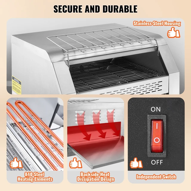 Alt view image 5 of 7 - Commercial Conveyor Toaster, 450 Slices/Hour Conveyor Belt Toaster, Heavy Duty Stainless Steel Commercial Toaster Oven, Electric Restaurant Commercial Toaster for Toast Bun, Bagel, Bread
