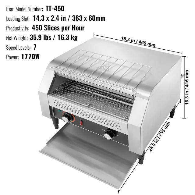 Alt view image 7 of 7 - Commercial Conveyor Toaster, 450 Slices/Hour Conveyor Belt Toaster, Heavy Duty Stainless Steel Commercial Toaster Oven, Electric Restaurant Commercial Toaster for Toast Bun, Bagel, Bread