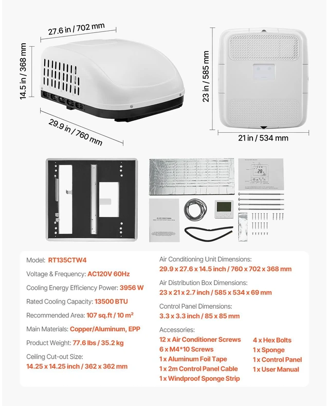 Alt view image 7 of 7 - RV Air Conditioner, 13500 BTU Non-Ducted Rooftop RV AC Unit, 65 dB Quiet Design, Including Air Distribution Box, Operation Panel and Installation Hardware, for Campers, Vans, Trailers, White