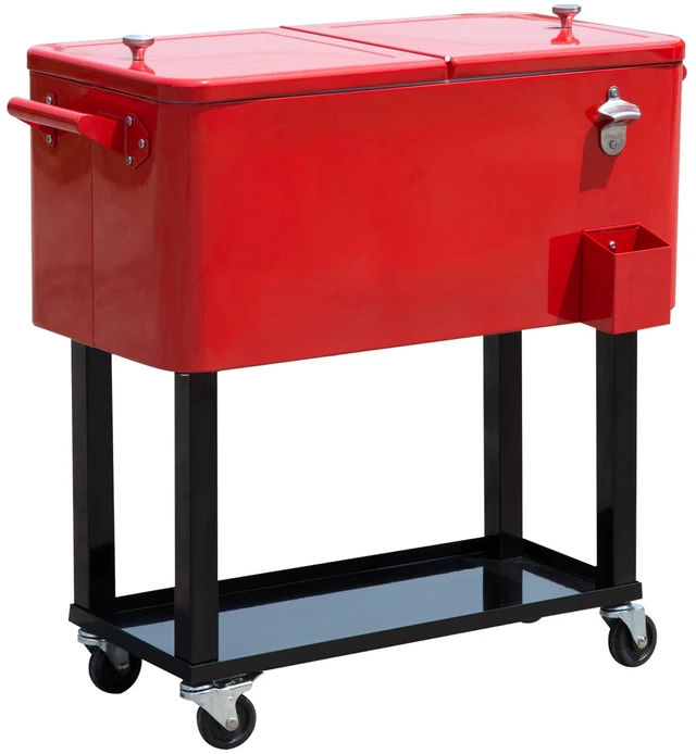 Main image of Outsunny 80 QT Rolling Cooling Bins Ice Chest on Wheels Outdoor Stand Up Drink Cooler Cart for Party, Red