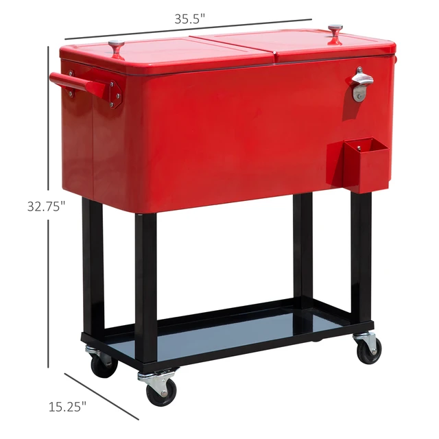 Alt view image 7 of 7 - Outsunny 80 QT Rolling Cooling Bins Ice Chest on Wheels Outdoor Stand Up Drink Cooler Cart for Party, Red