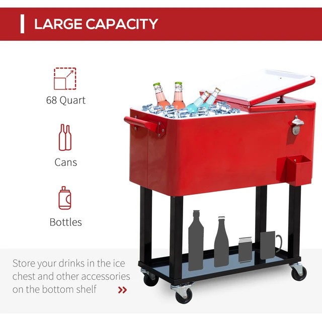Alt view image 6 of 7 - Outsunny 80 QT Rolling Cooling Bins Ice Chest on Wheels Outdoor Stand Up Drink Cooler Cart for Party, Red