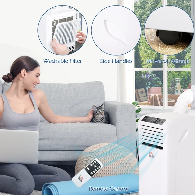 Alt view image 5 of 7 - HOMCOM 8000 BTU Mobile Portable Air Conditioner with Cooling, Dehumidifier, Ventilating, Remote Control, 24-Hour Timer, Portable AC Unit for Bedroom, Living Room, Home Office, White