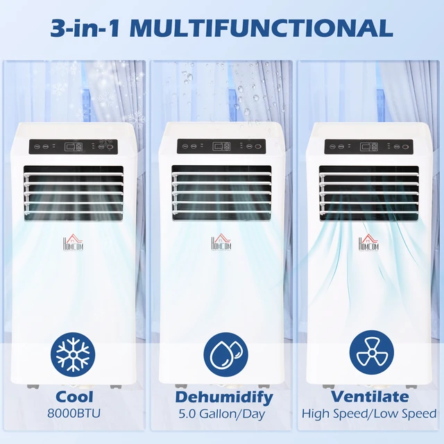 Alt view image 6 of 7 - HOMCOM 8000 BTU Mobile Portable Air Conditioner with Cooling, Dehumidifier, Ventilating, Remote Control, 24-Hour Timer, Portable AC Unit for Bedroom, Living Room, Home Office, White