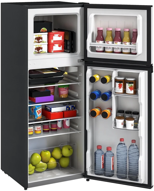 Main image of HOMCOM 4 Cu.Ft Mini Fridge with Freezer, Compact Refrigerator with Adjustable Thermostat, Shelf and Double Reversible Door for Bedroom, Dorm, Home Office, Energy Efficient, Black