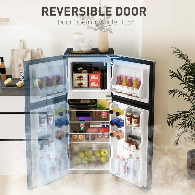 Alt view image 4 of 7 - HOMCOM 4 Cu.Ft Mini Fridge with Freezer, Compact Refrigerator with Adjustable Thermostat, Shelf and Double Reversible Door for Bedroom, Dorm, Home Office, Energy Efficient, Black