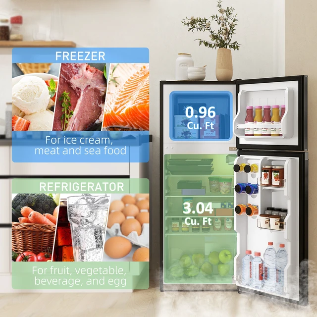 Alt view image 6 of 7 - HOMCOM 4 Cu.Ft Mini Fridge with Freezer, Compact Refrigerator with Adjustable Thermostat, Shelf and Double Reversible Door for Bedroom, Dorm, Home Office, Energy Efficient, Black