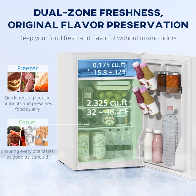 Alt view image 5 of 7 - HOMCOM 2.5 Cu.Ft Mini Fridge with Freezer, Single Door Small Refrigerator with Adjustable Thermostat Energy-efficient Low Noise, Mini Refrigerator for Bedroom, Dorm, Office, White
