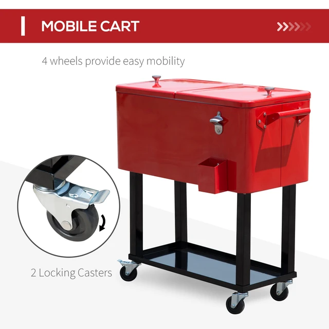Alt view image 5 of 7 - Outsunny 80 QT Rolling Cooling Bins Ice Chest on Wheels Outdoor Stand Up Drink Cooler Cart for Party, Red