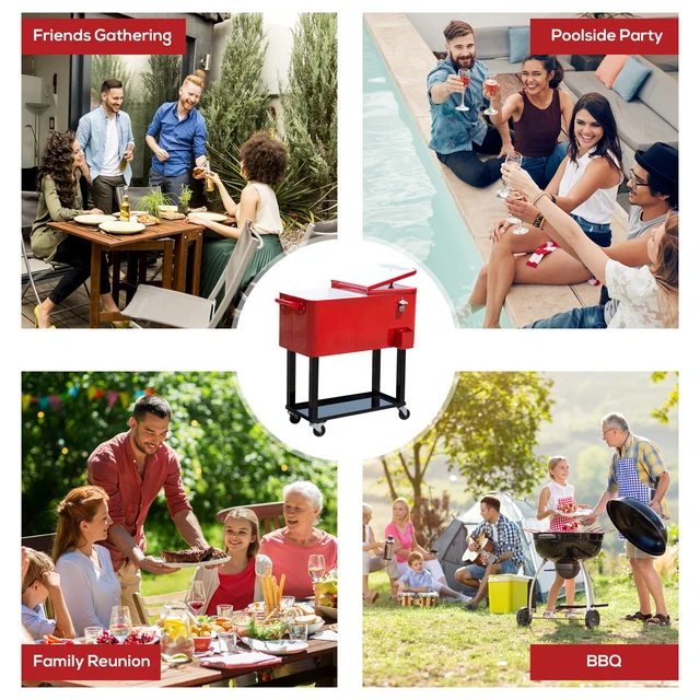 Alt view image 3 of 7 - Outsunny 80 QT Rolling Cooling Bins Ice Chest on Wheels Outdoor Stand Up Drink Cooler Cart for Party, Red