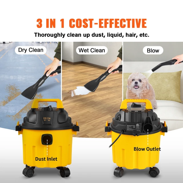 Alt view image 6 of 7 - Wet Dry Vac, 2.6 Gallon, 2.5 Peak HP, 3 in 1 Shop Vacuum with Blowing Function, Portable with Attachments to Clean Floor, Upholstery, Gap, Car, ETL Listed, Yellow